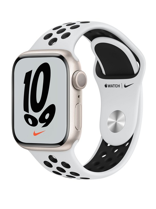 front image of apple-watch-nike-series-7-gps-41mm-starlight-aluminium-case-with-pure-platinumblack-nike-sport-band