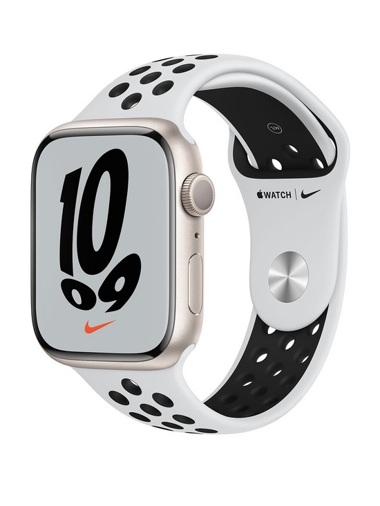 front image of apple-watch-nike-series-7-gps-45mm-starlight-aluminium-case-with-pure-platinumblack-nike-sport-band