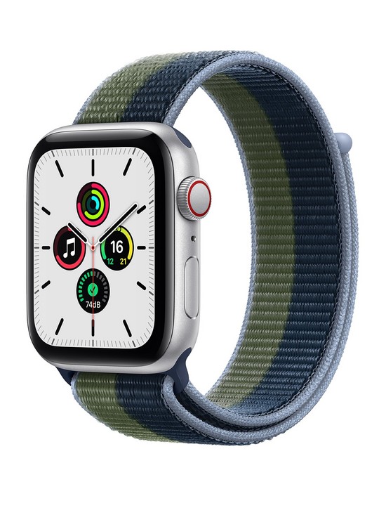 front image of apple-watch-se-gps-cellular-44mm-silver-aluminium-case-with-abyss-bluemoss-green-sport-loop