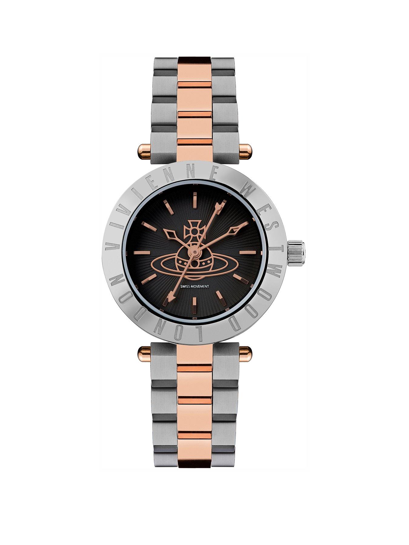 Product photograph of Vivienne Westwood Ladies Westbourne Orb Quartz Watch With Black Dial Amp Two Tone Stainless Steel Bracelet from very.co.uk