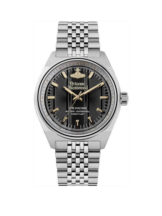 front image of vivienne-westwood-mensnbspsydenhamnbspquartz-watch-with-black-dial-amp-stainless-steel-bracelet