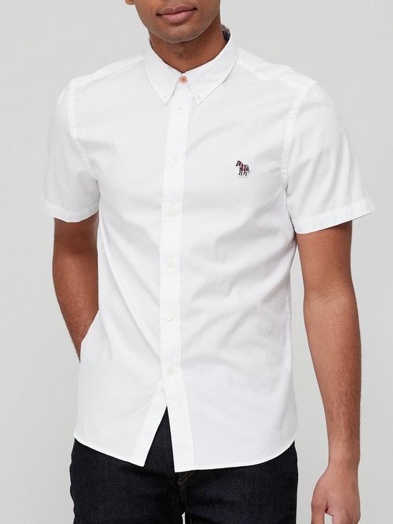 front image of ps-paul-smith-zebra-badge-short-sleeve-tailored-fit-shirt-white