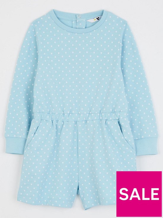 front image of mini-v-by-very-girls-long-sleeve-spot-sweat-playsuit-blue