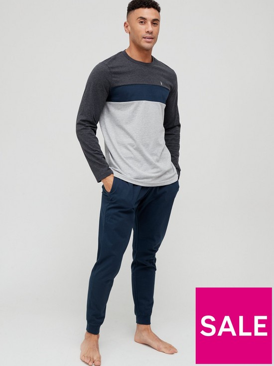 front image of very-man-long-sleeve-colour-block-pyjama-grey