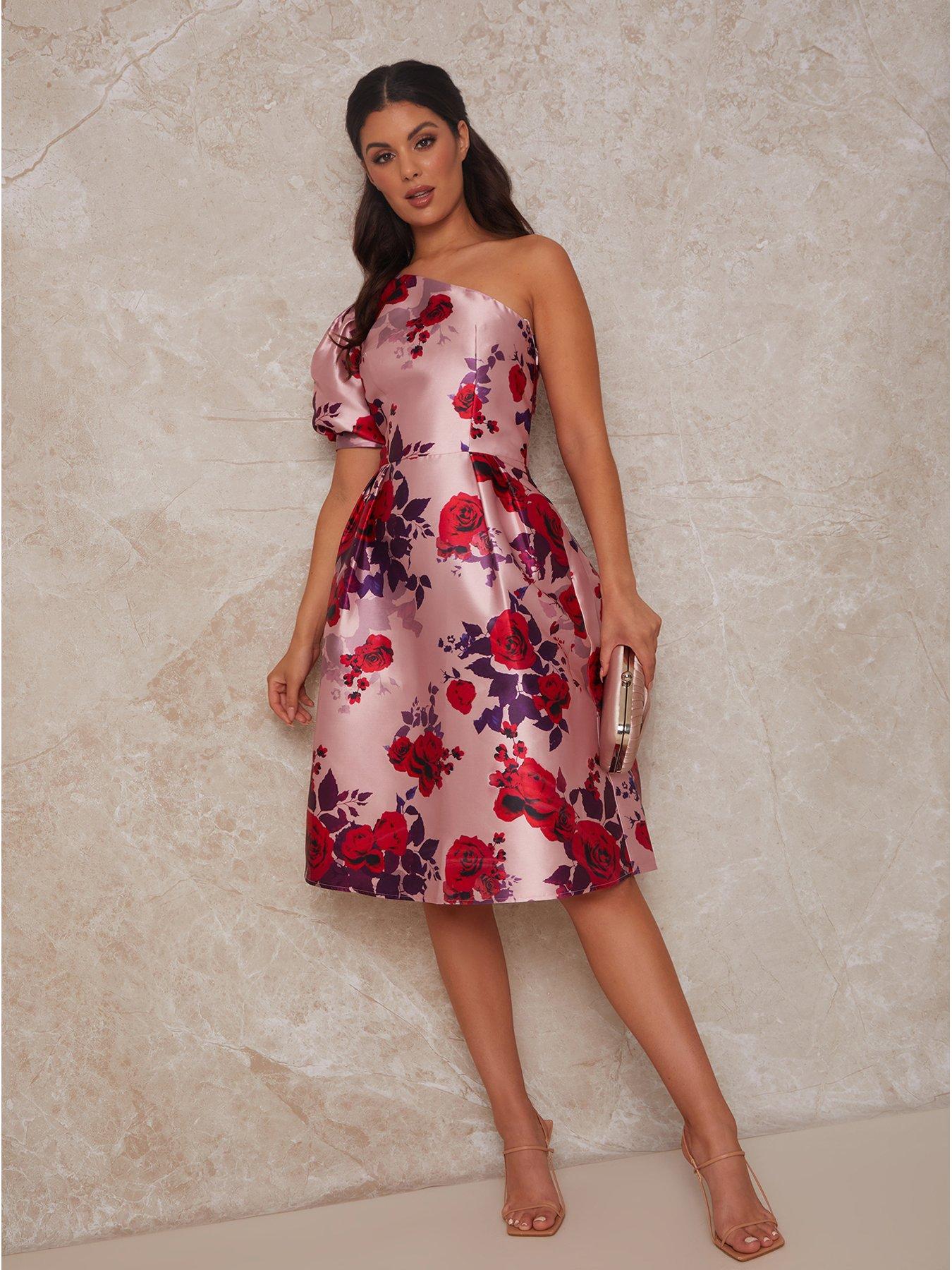 Women Chi Chi One Shoulder Puff Sleeve Floral Midi Dress In Pink