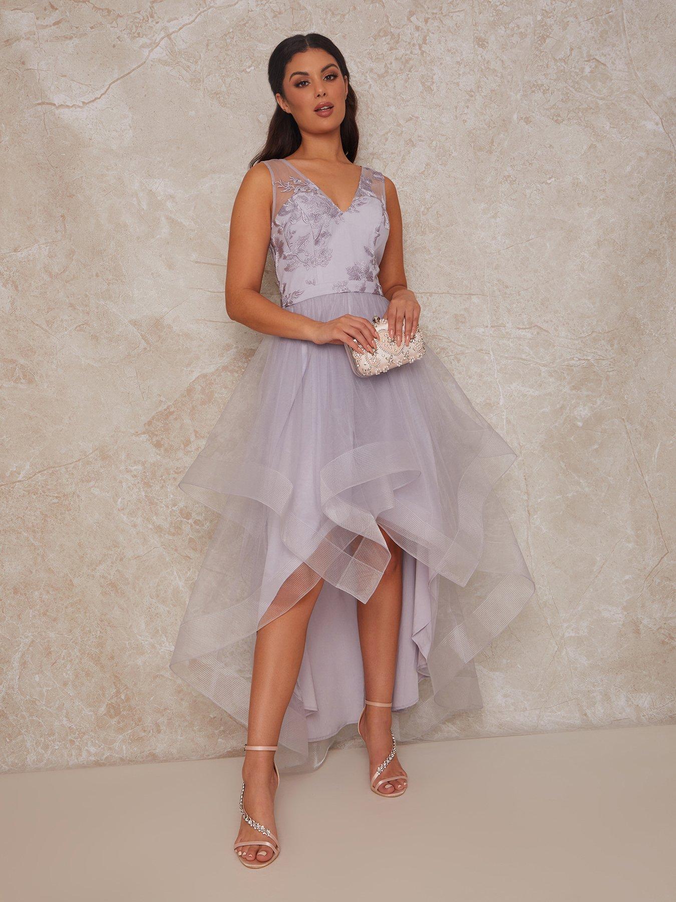 Dresses Embroidered V Neck Mesh Skirt Dip Hem Midi Dress - Lilac