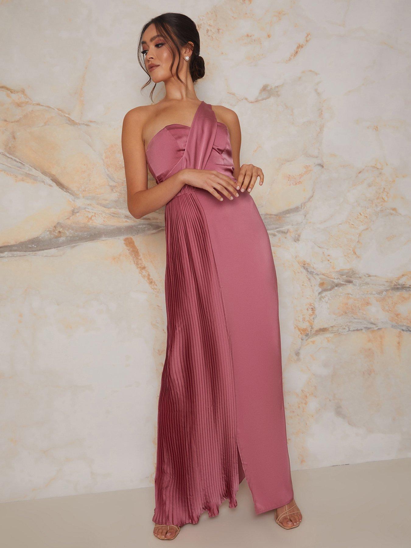 undefined Pleated Satin One Shoulder Maxi Dress - Pink