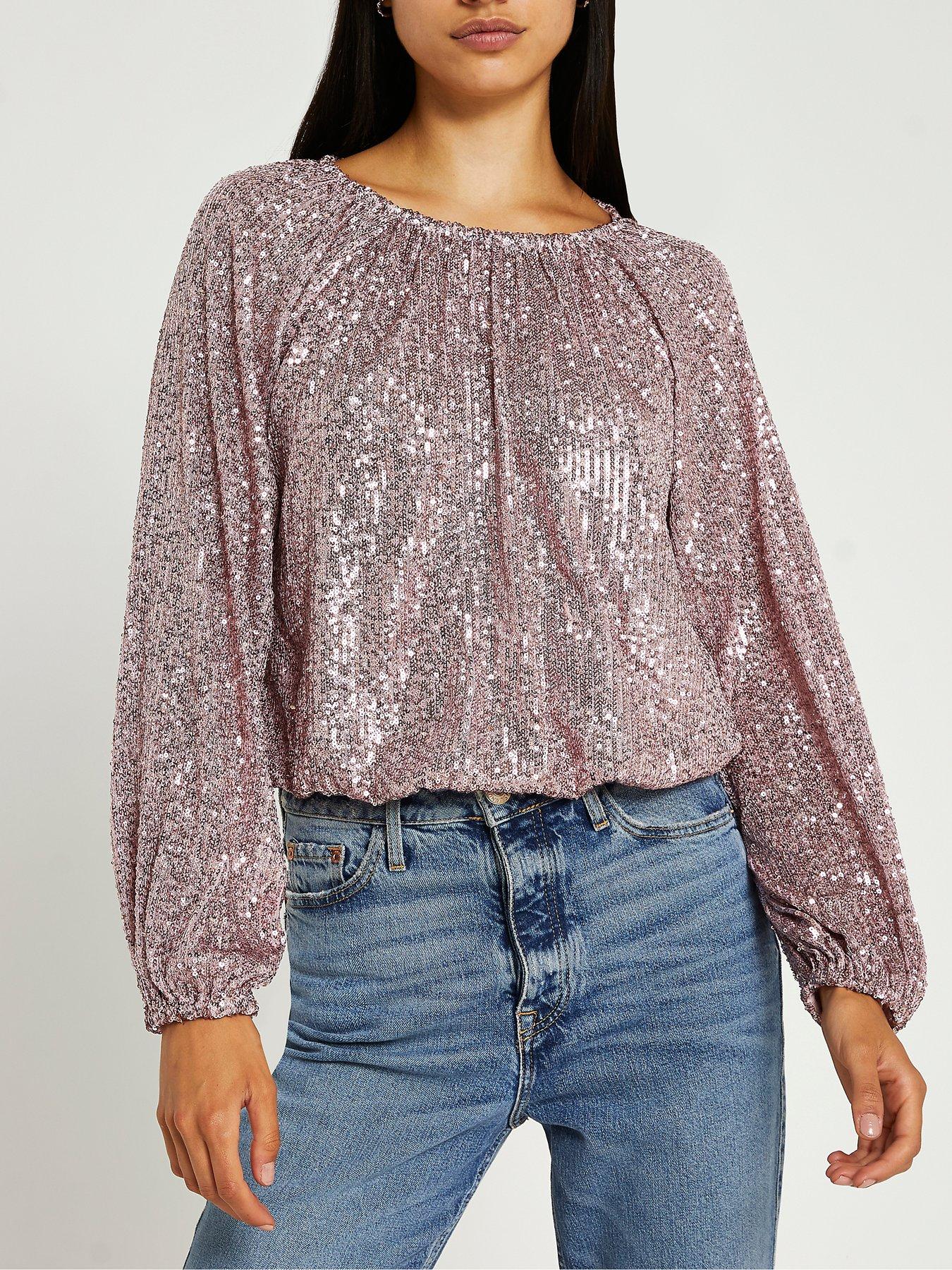 River Island Hem Sequin Top - Pink | very.co.uk