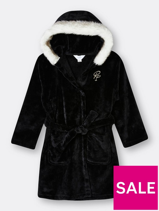 front image of river-island-girls-sweet-dreams-cosy-hooded-robe-black