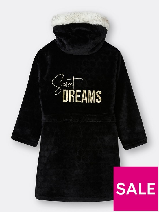 back image of river-island-girls-sweet-dreams-cosy-hooded-robe-black