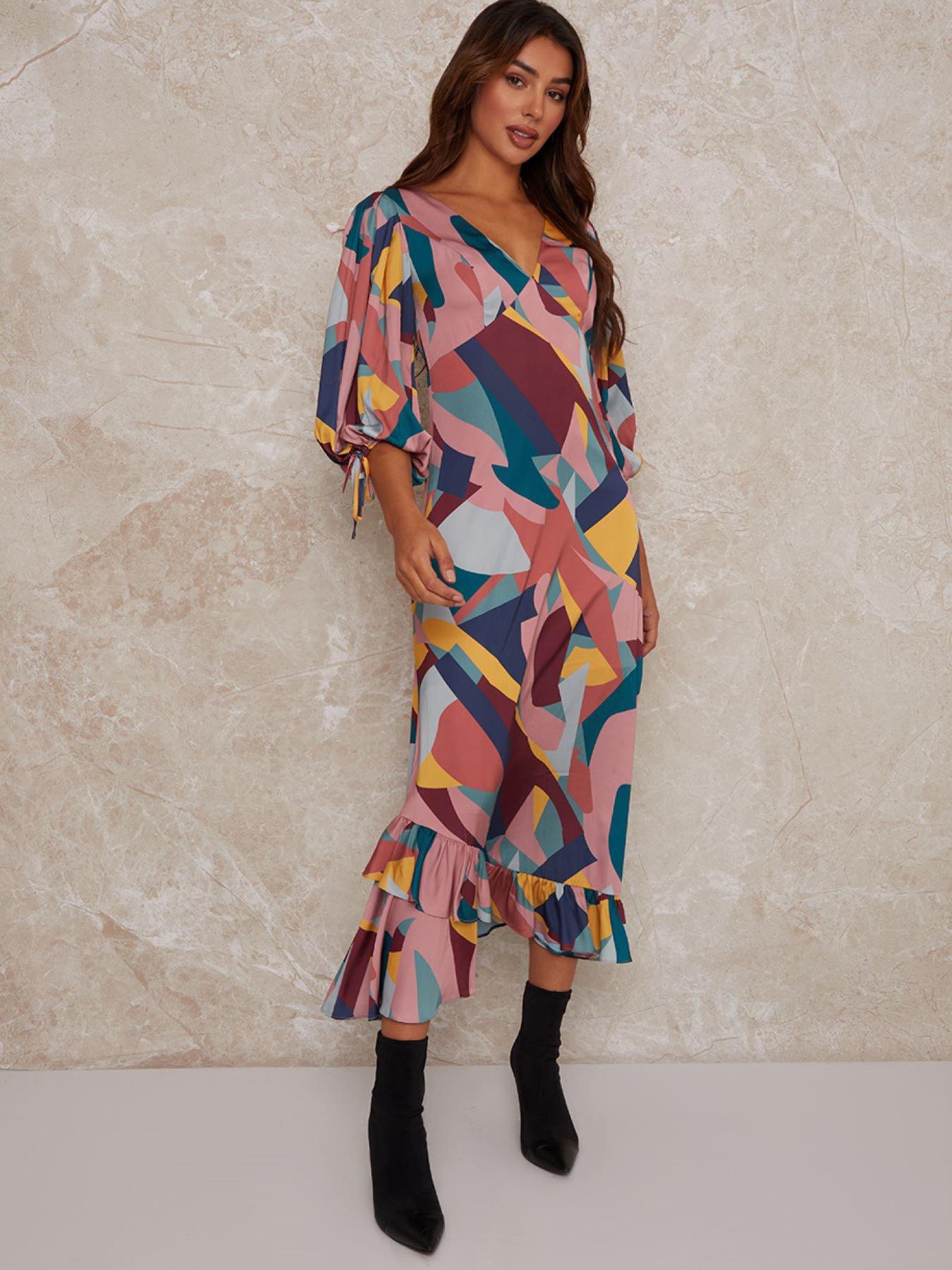 Women V Neck Puff Sleeve Graphic Print Maxi Dress - Multi