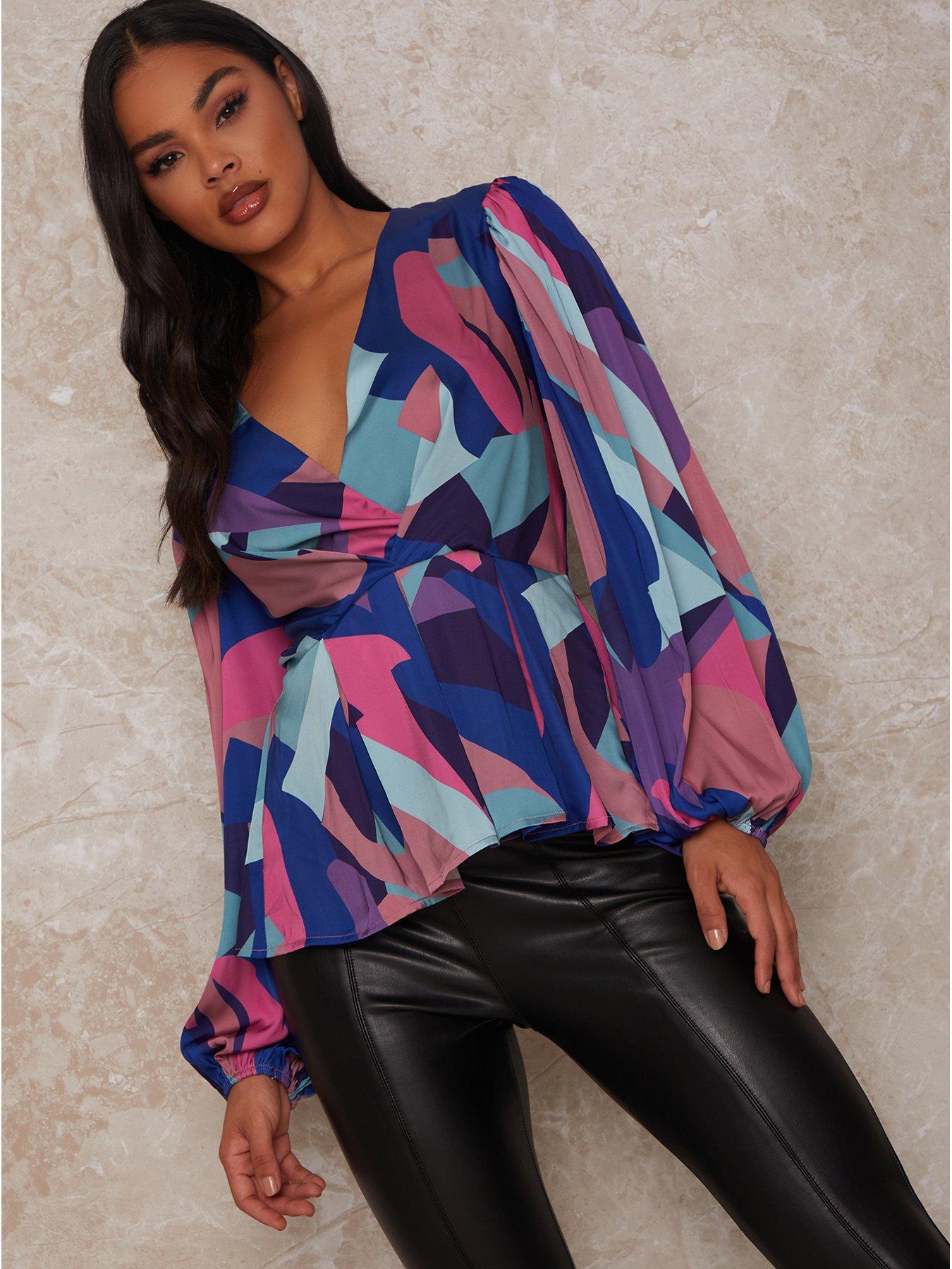  Long Sleeve Graphic Print Top with Tie Detail - Multi