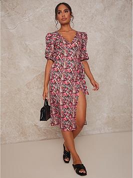 Chi Chi London Chi Chi Floral Abstract Print Wrap Midi Day Dress In Multi