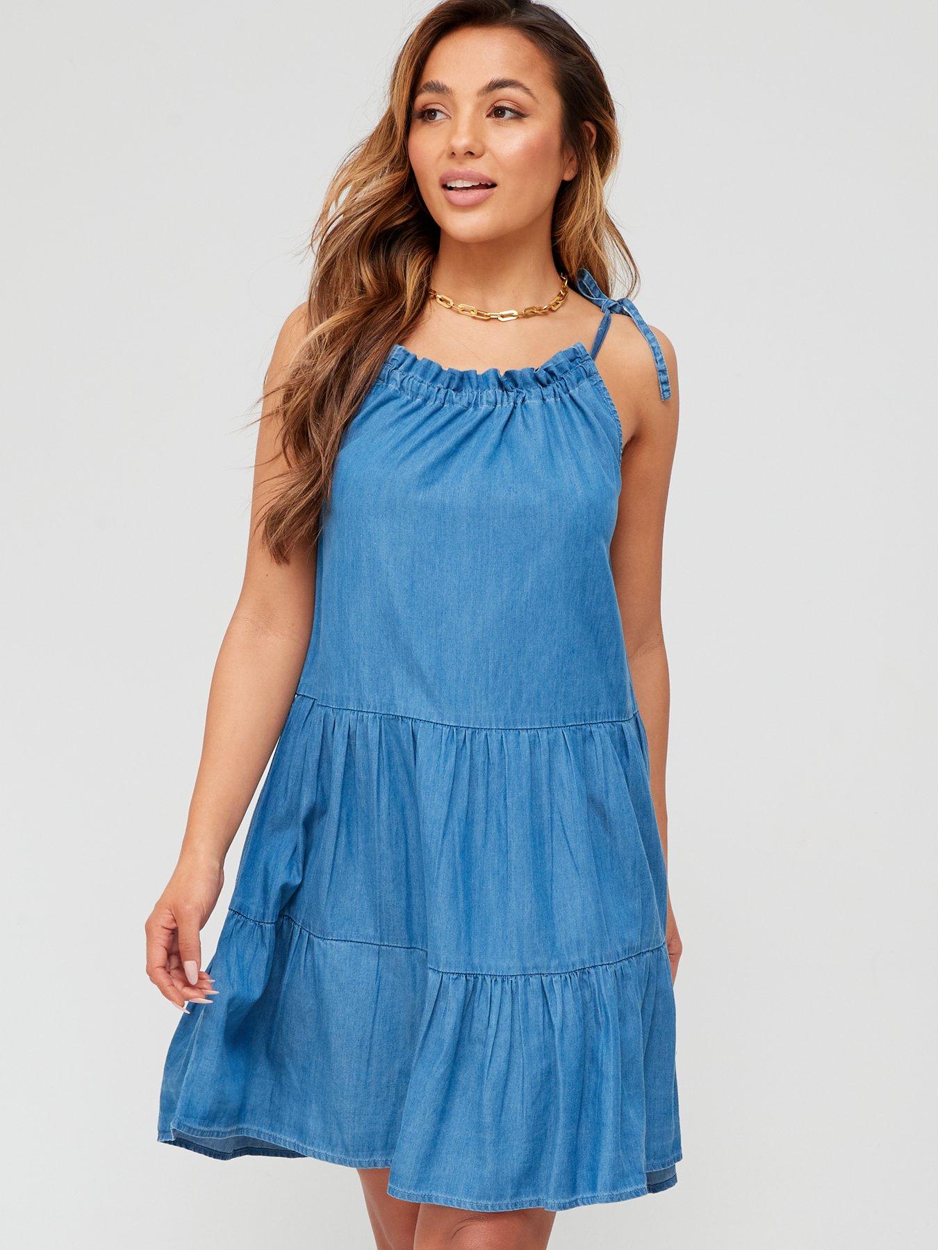  Strappy Tie Detail Chambray Tiered Beach Mini Dress - Blue