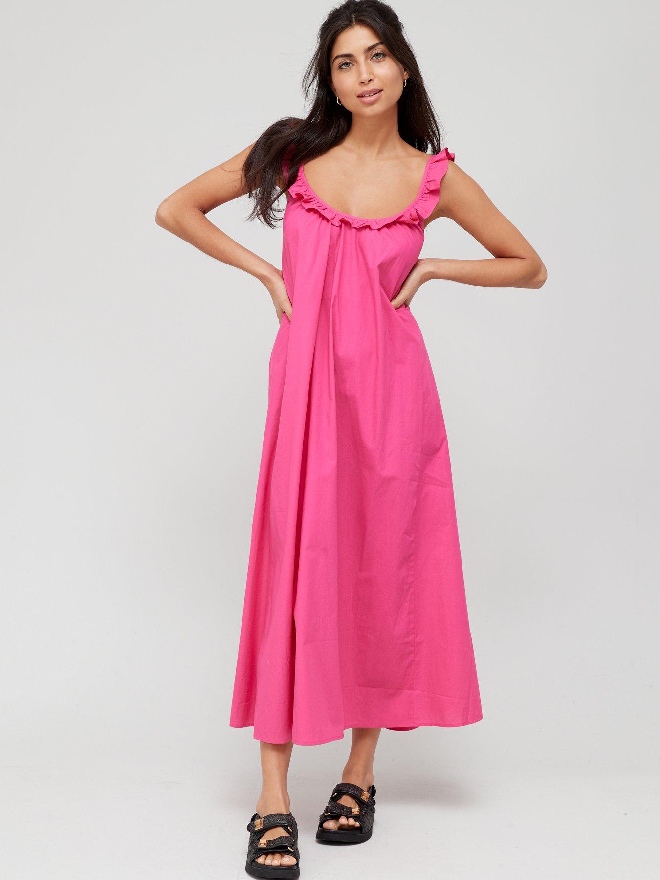  Frill Detail Cotton Midaxi Beach Dress - Pink