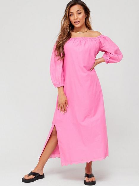 v-by-very-three-quarter-embroidered-sleeve-bardot-beach-dressnbsp--hot-pink