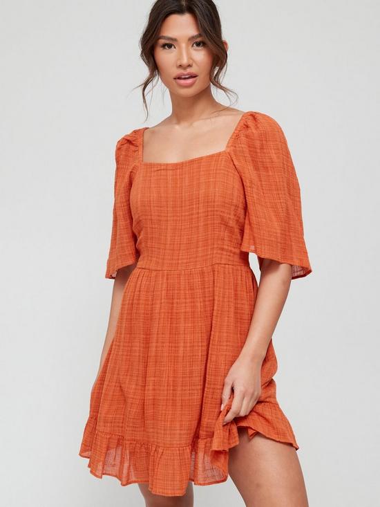 front image of v-by-very-square-necknbspflute-sleeve-texturednbspmini-beach-dress-rust