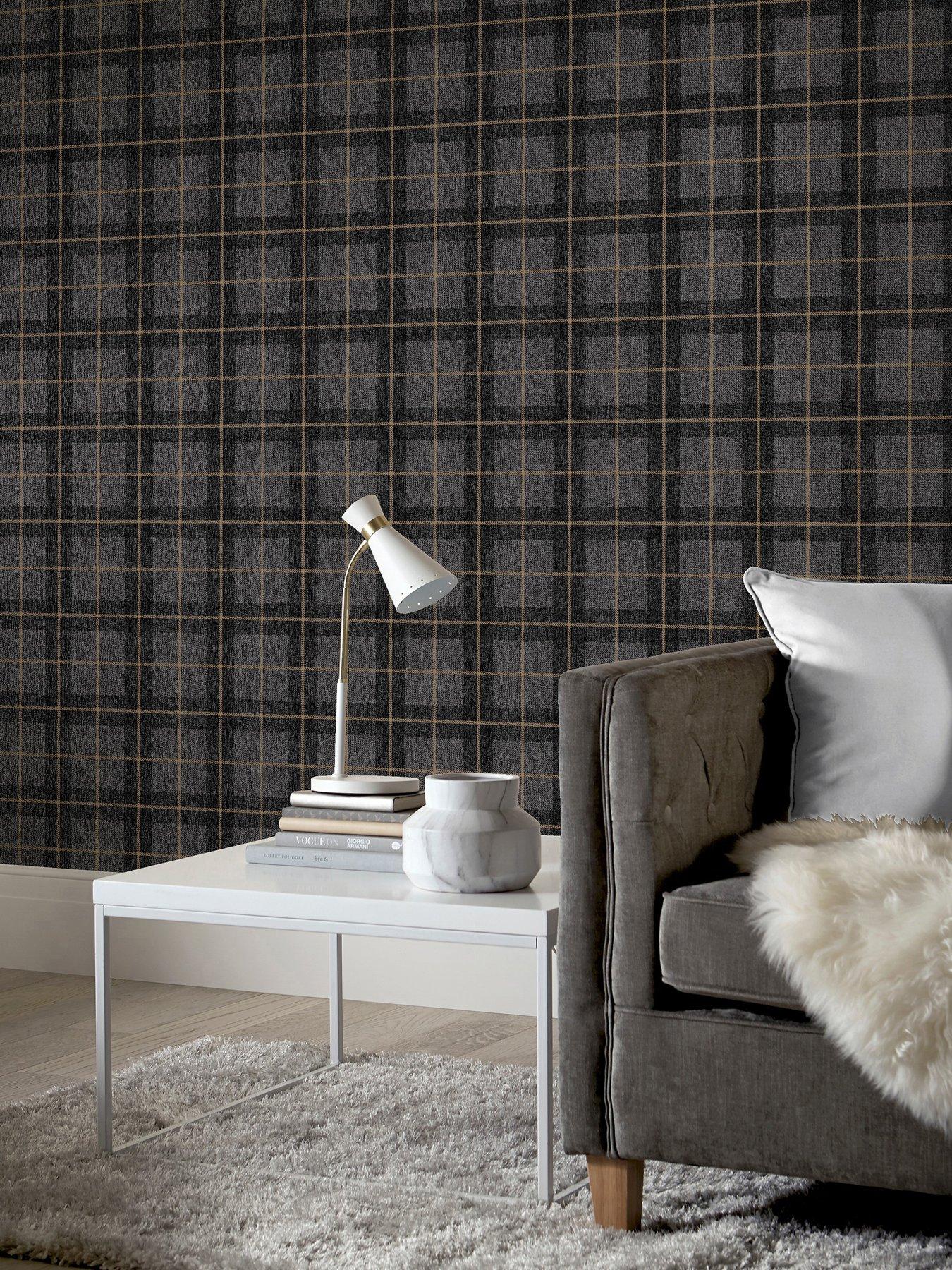 Product photograph of Arthouse Heritage Check Charcoal Copper Wallpaper from very.co.uk