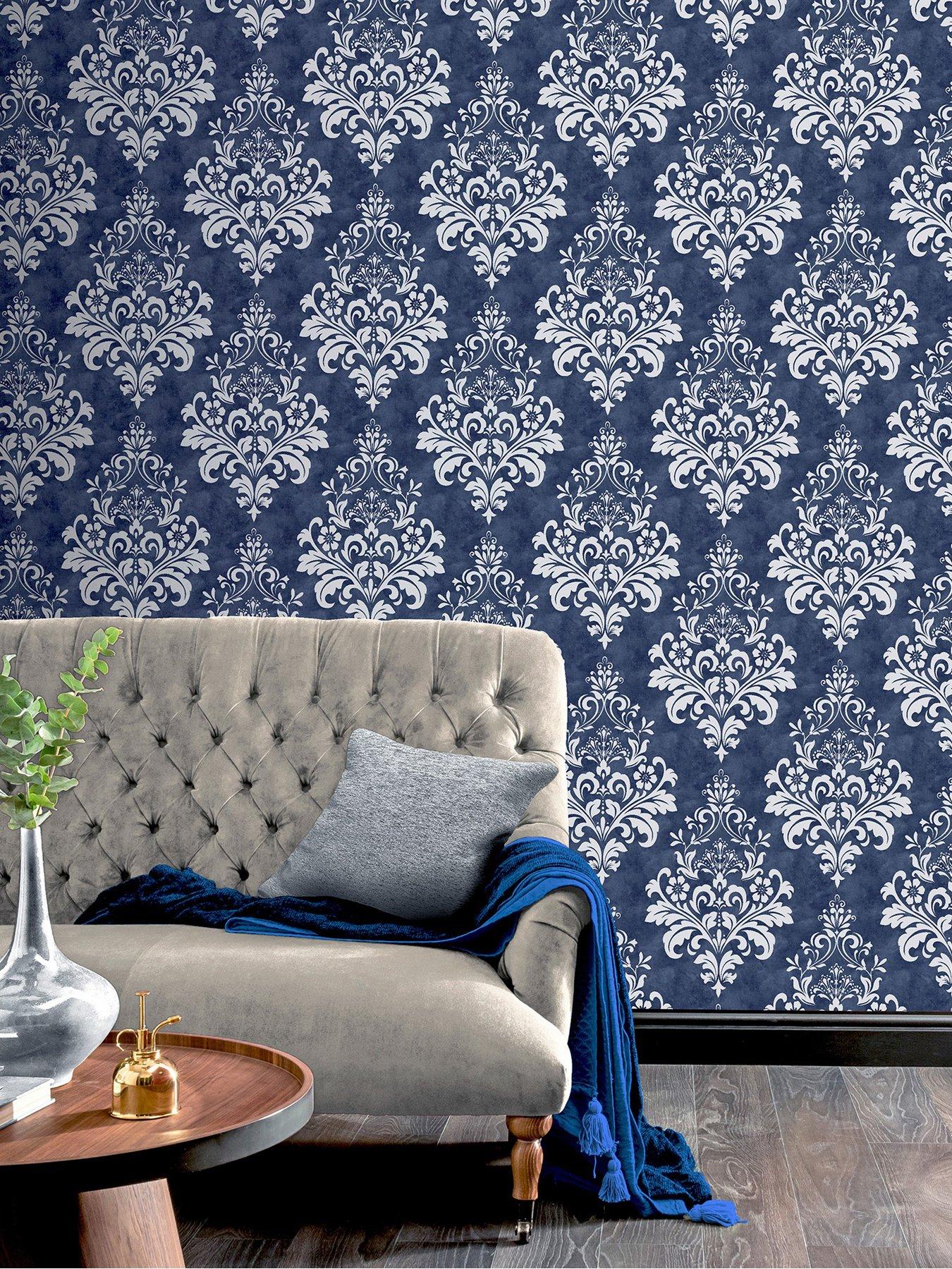 ARTHOUSE Baroque Damask Navy & Grey Wallpaper | very.co.uk