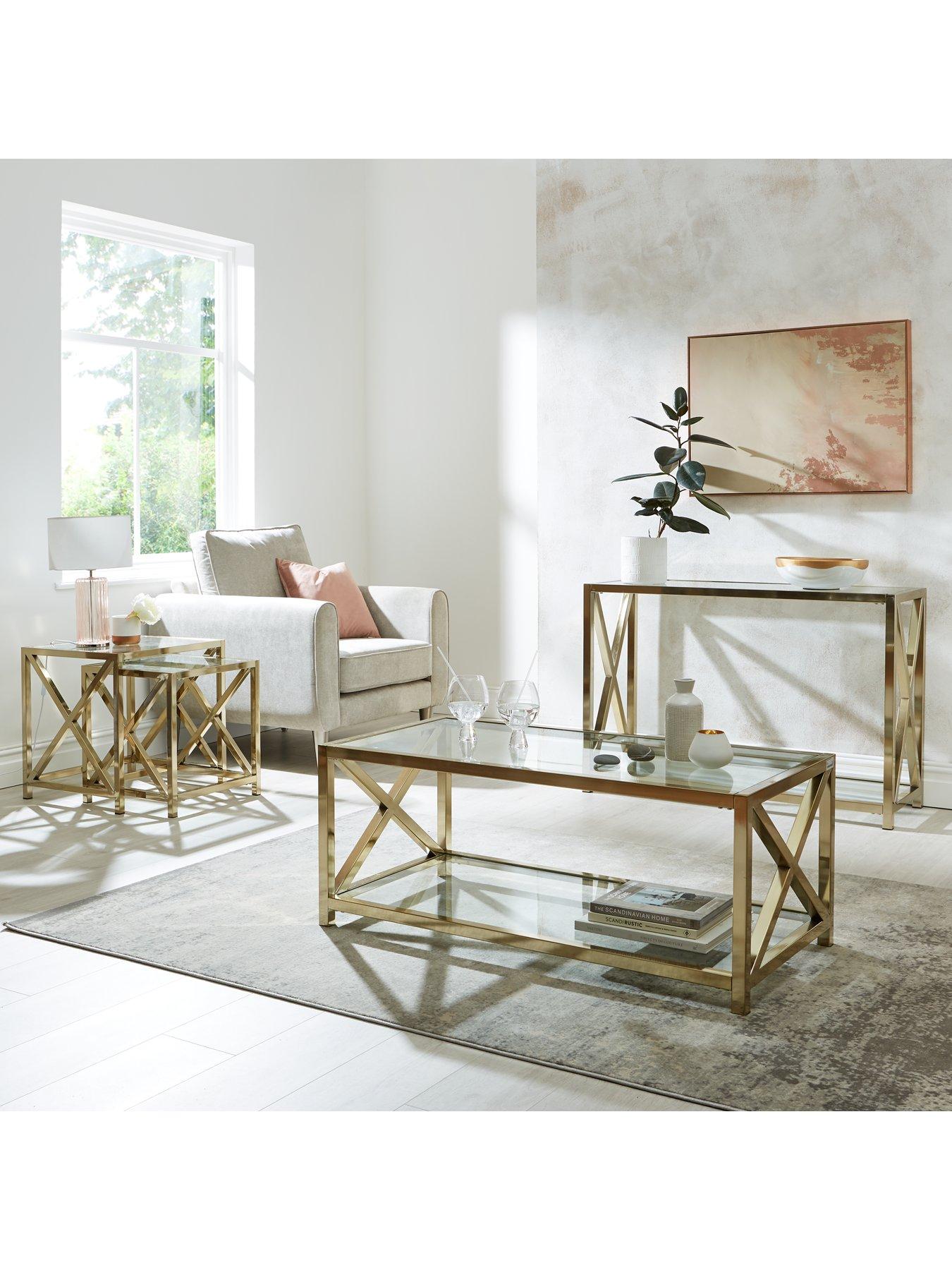 Product photograph of Very Home Christie Glass Top Coffee Table - Brass from very.co.uk