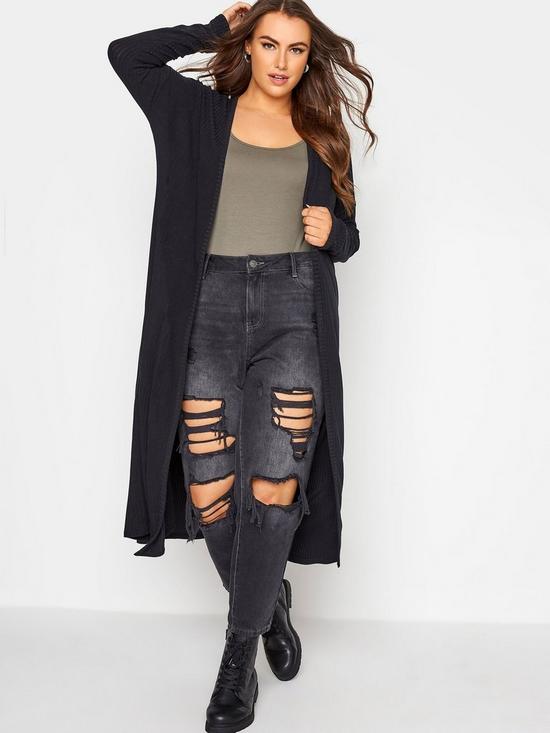 front image of yours-limited-rib-tapered-sleeve-longlinenbspcardigan-black
