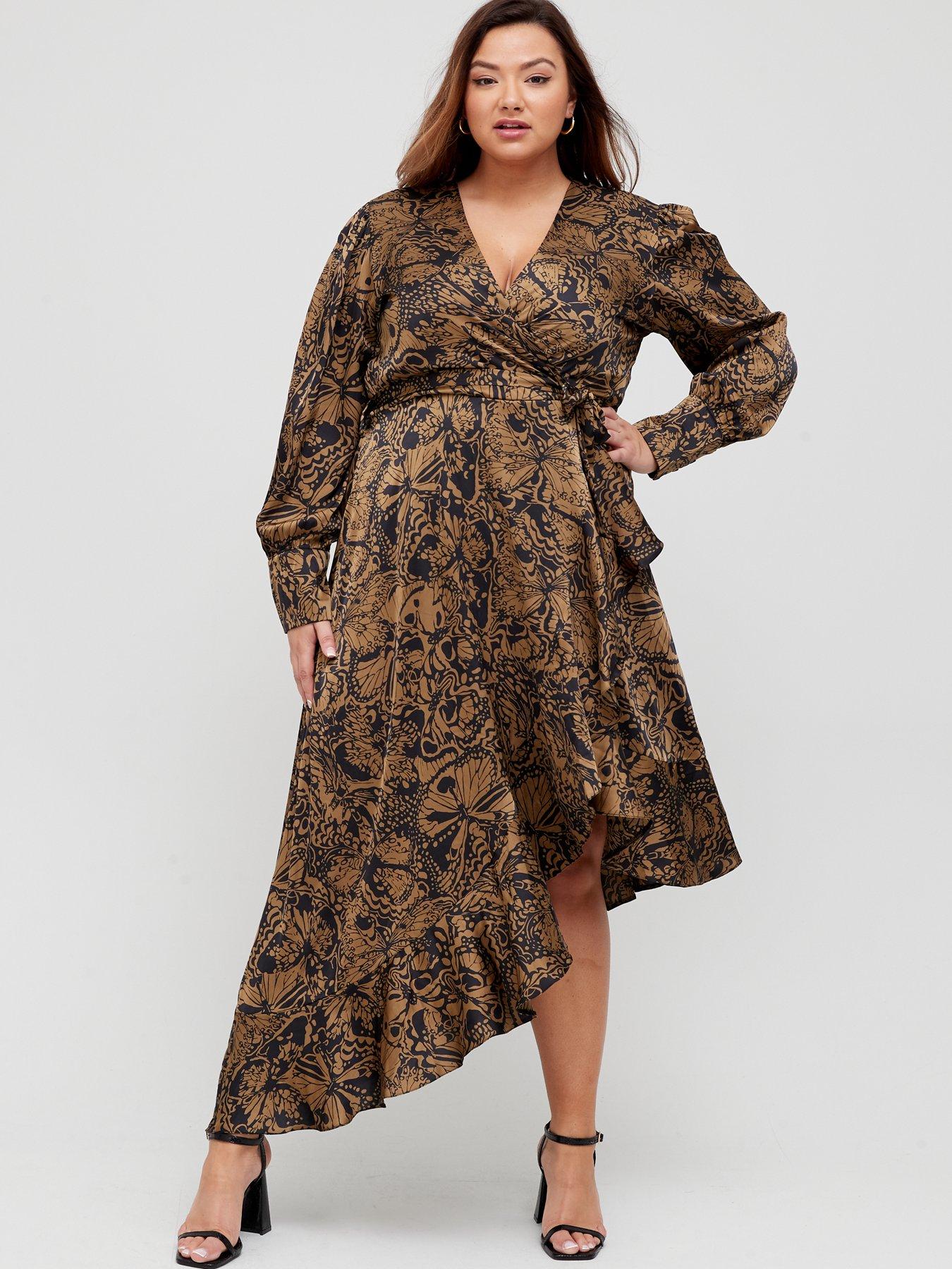 black butterfly printed wrap midi dress