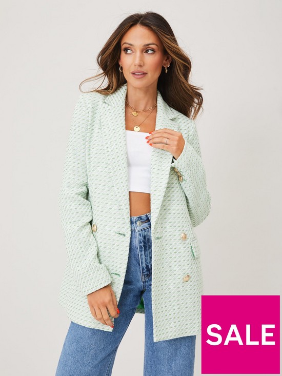 front image of michelle-keegan-boucle-double-breasted-blazer-green