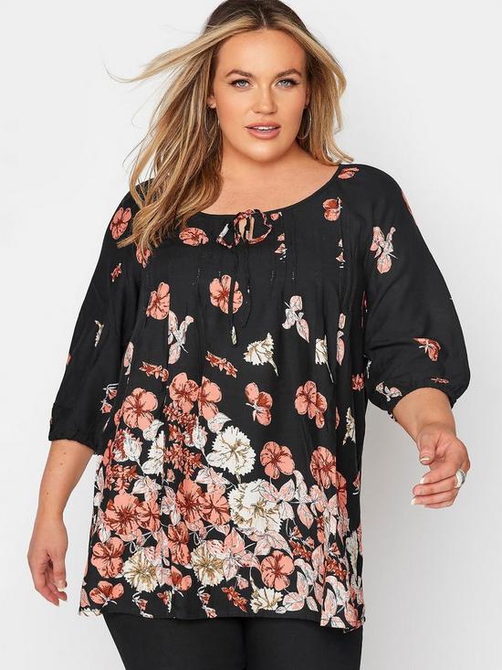 front image of yours-black-floral-border-print-tunic