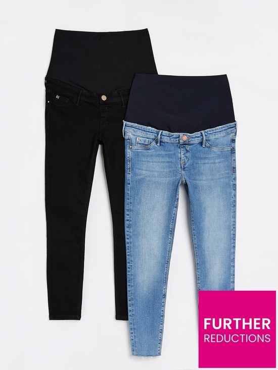 front image of river-island-two-pack-maternity-molly-overbump-skinny-jean-blackblue