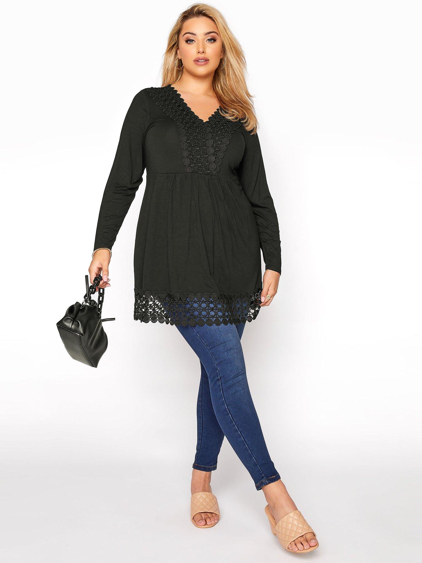 Tops & T-shirts Yours Long Sleeve Crochet Trim Tunic - Black