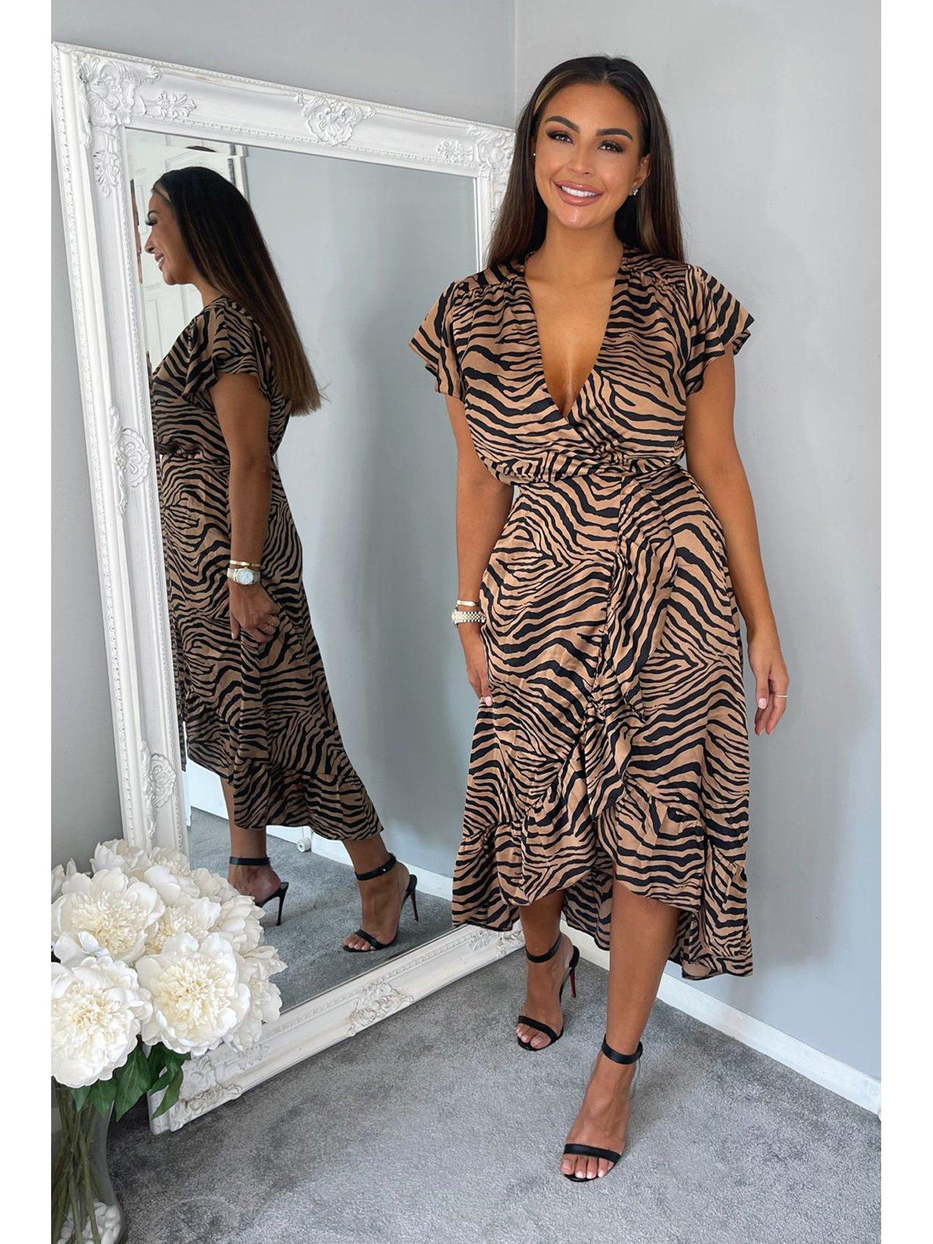 Women Zebra Print Ruched Side Midi Dress - Print