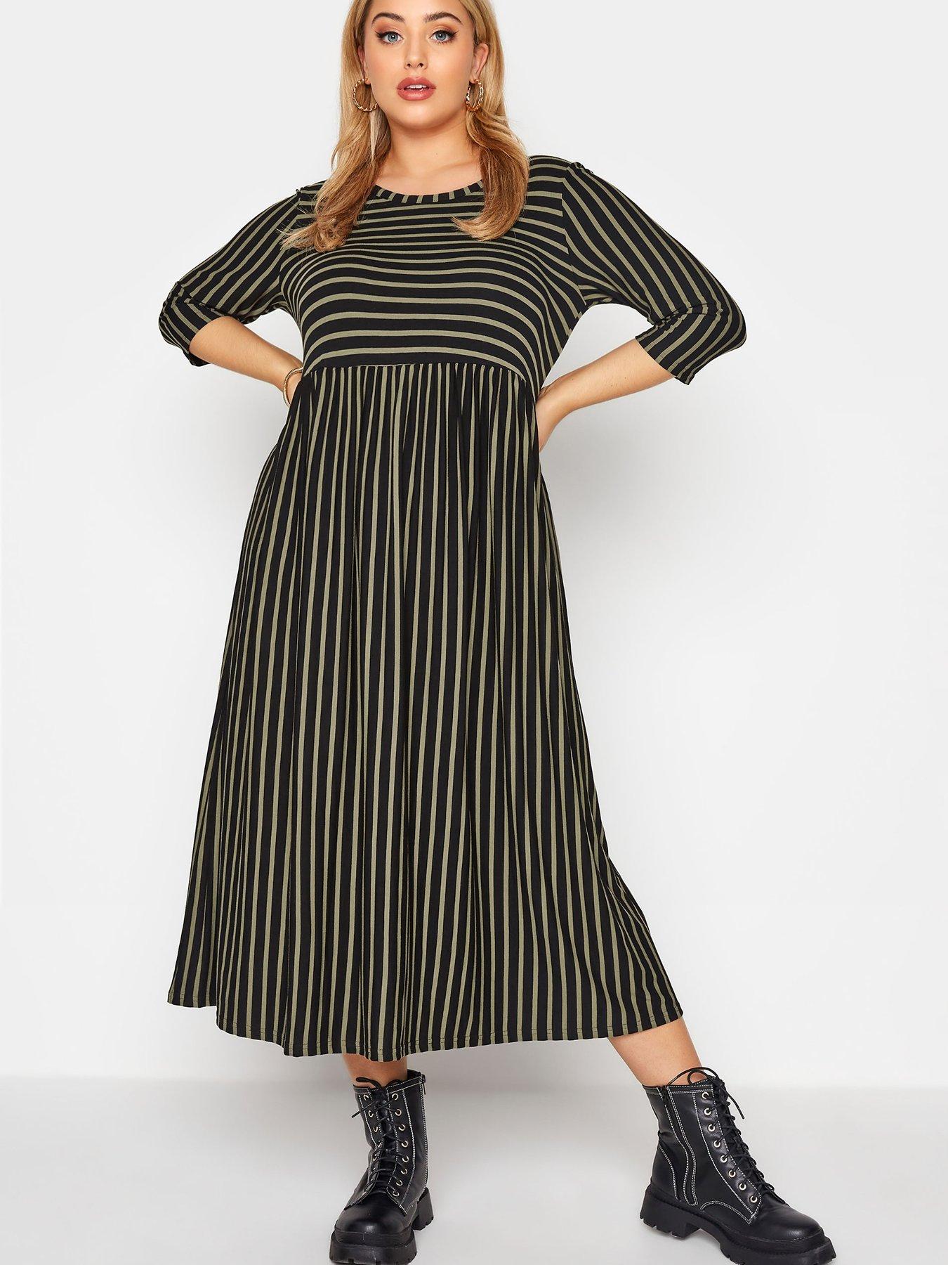  3/4 Sleeve Stripe Dress Khaki