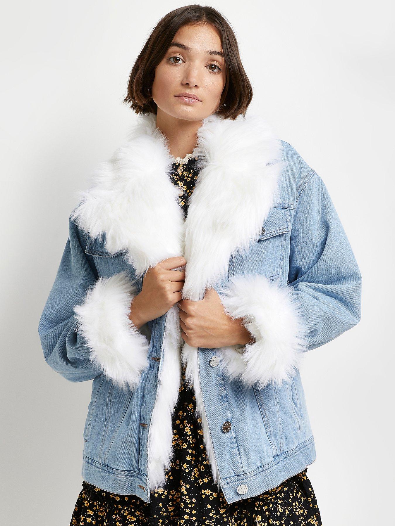 River Island Faux Fur Denim Trucker Jacket Mid Denim