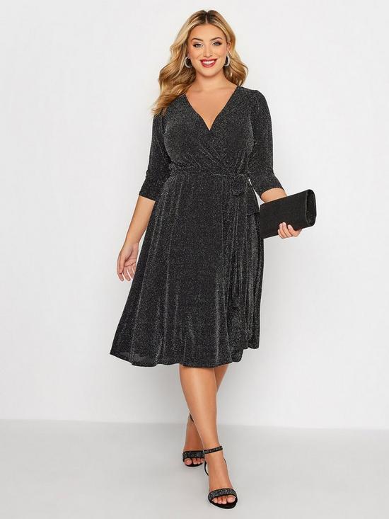 front image of yours-london-glitter-wrap-dress-black