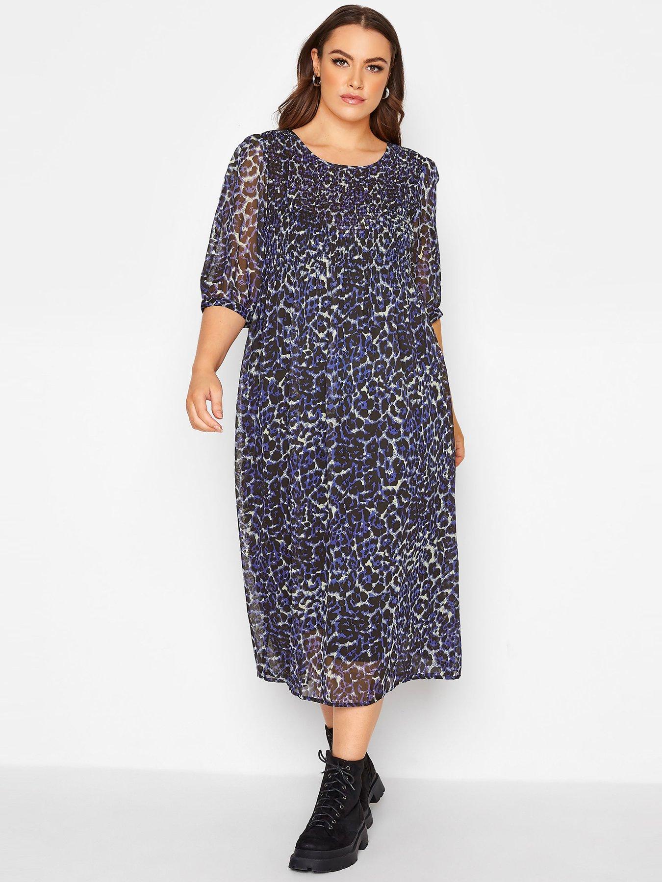  Yours Shirred 3/4 Sleeve Maxi Dress - Blue Leopard
