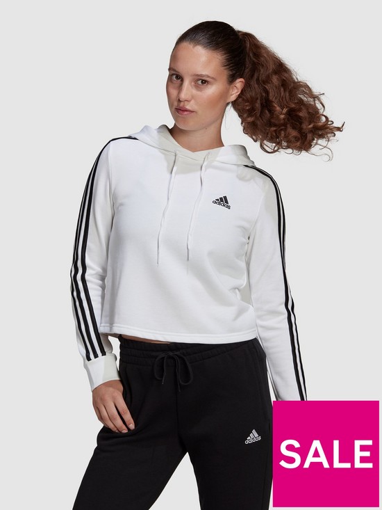 front image of adidas-3-stripe-cropped-hoodie-white