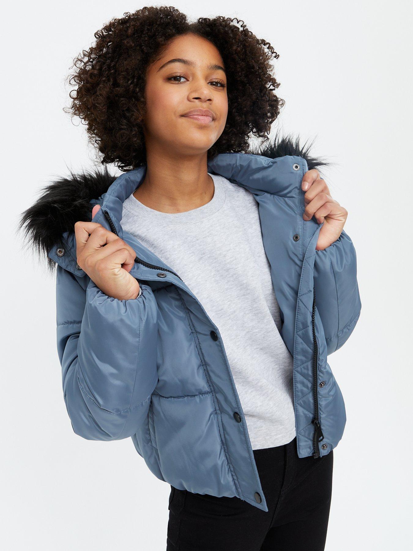 Girls Clothes Girls Faux Fur Hooded Padded Jacket - Blue