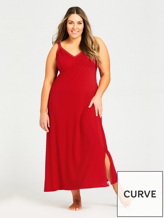 front image of avenue-lace-trim-maxi-sleep-dress-red