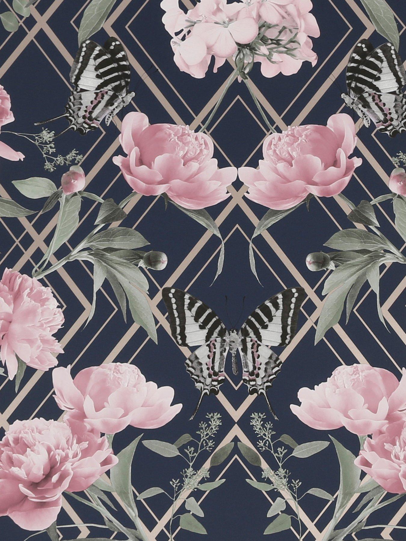 Sublime Botanical Trellis Navy / Pink Wallpaper | very.co.uk