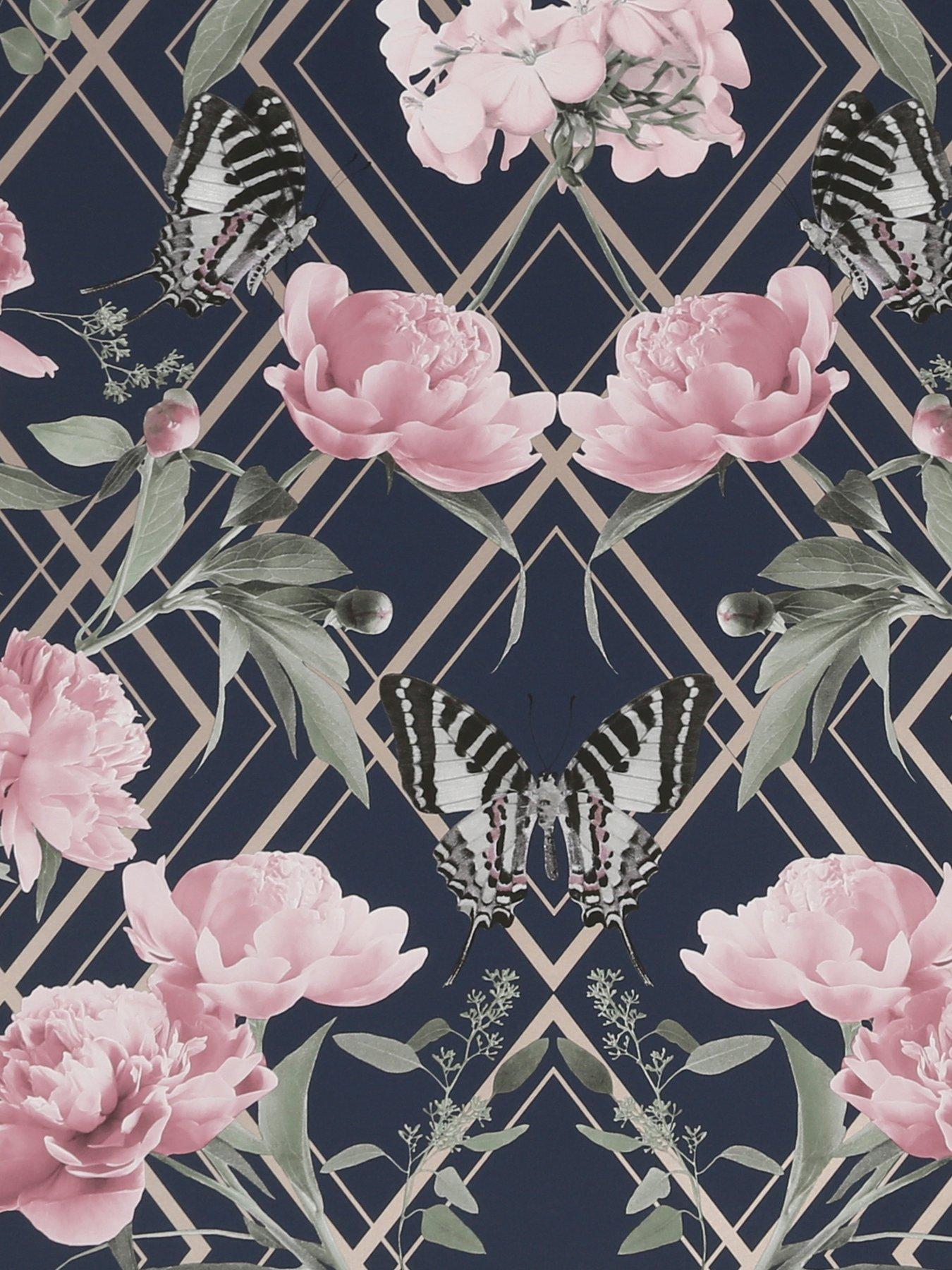 Sublime Botanical Trellis Navy / Pink Wallpaper very.co.uk