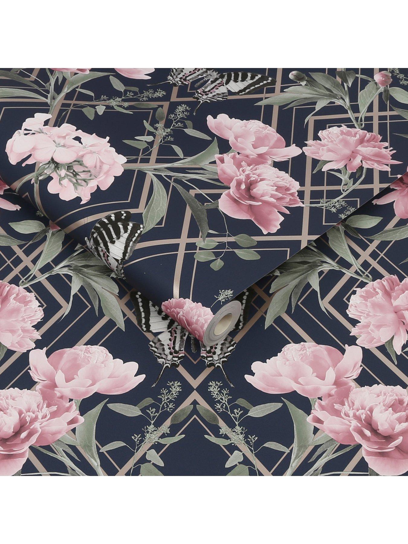 Sublime Botanical Trellis Navy / Pink Wallpaper | very.co.uk