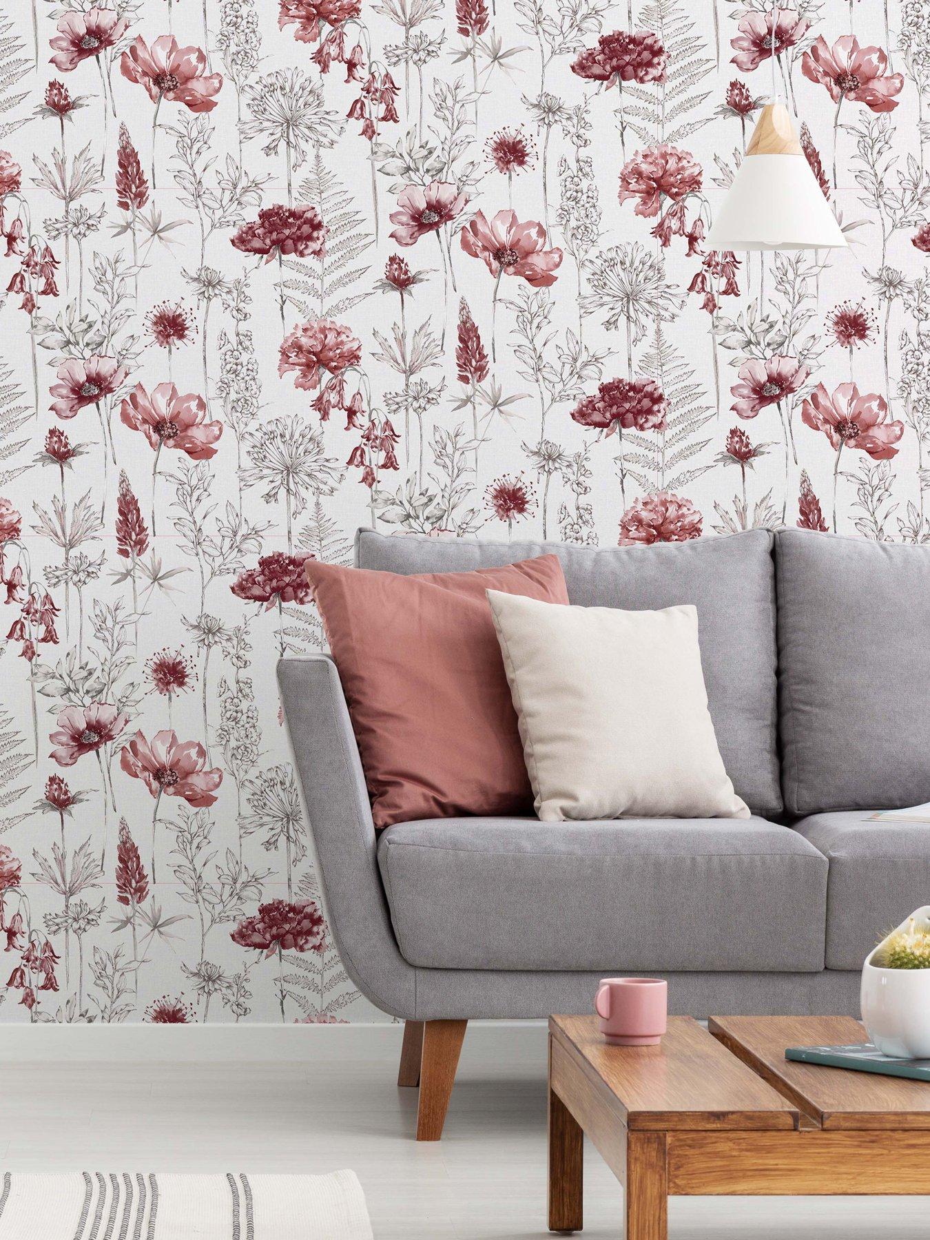 Fresco Floral Sketch Red /grey Wallpaper