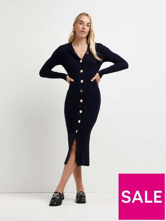 front image of river-island-button-through-knitted-dress--navy