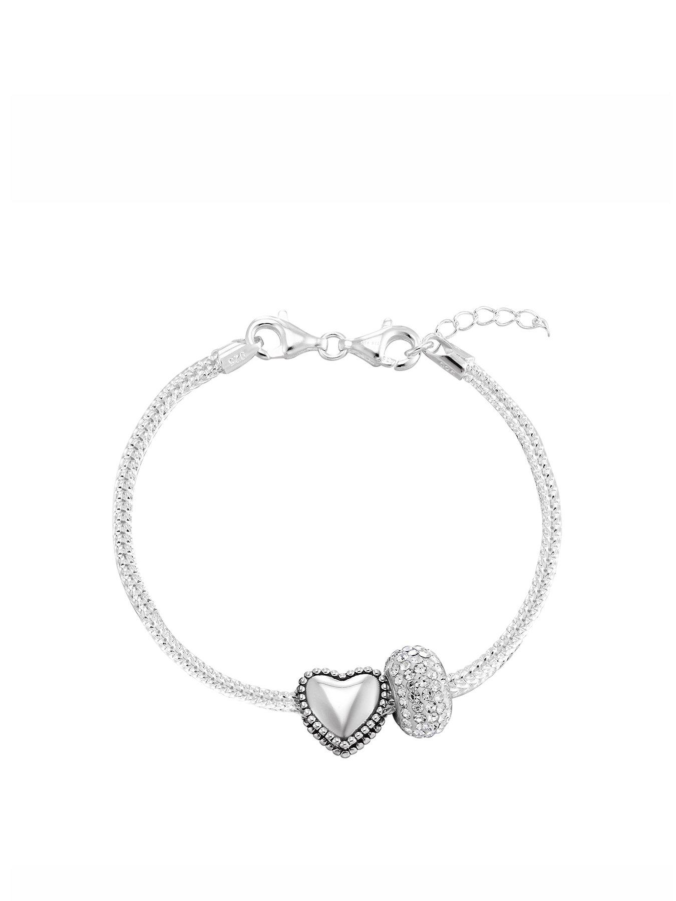 The Love Collection Sterling Silver Charm Bracelet with Heart  &  Crystal Charm