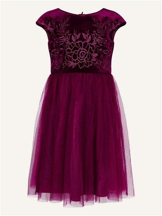front image of monsoon-girls-berry-velvet-embroidered-dress-burgundy