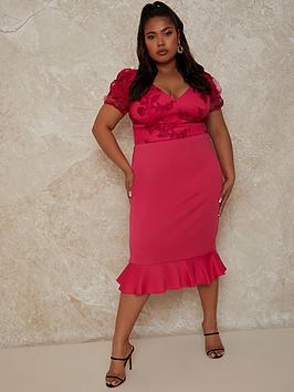 Chi Chi London Plus Size V Neck Embroidered Bodycon Midi Dress - Pink