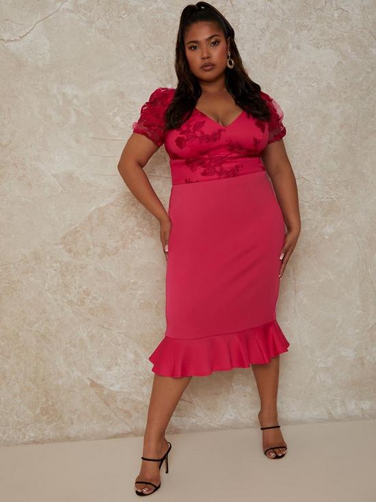 front image of chi-chi-london-plus-size-v-neck-embroidered-bodycon-midi-dress--nbsppink