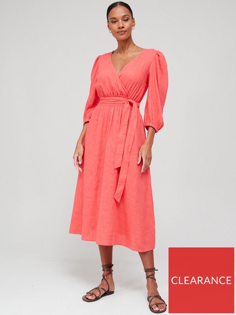 v-by-very-shirred-waist-wrap-linen-midi-dress-pink