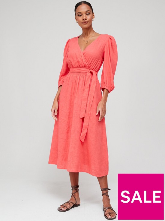 front image of v-by-very-shirred-waist-wrap-linen-midi-dress-pink
