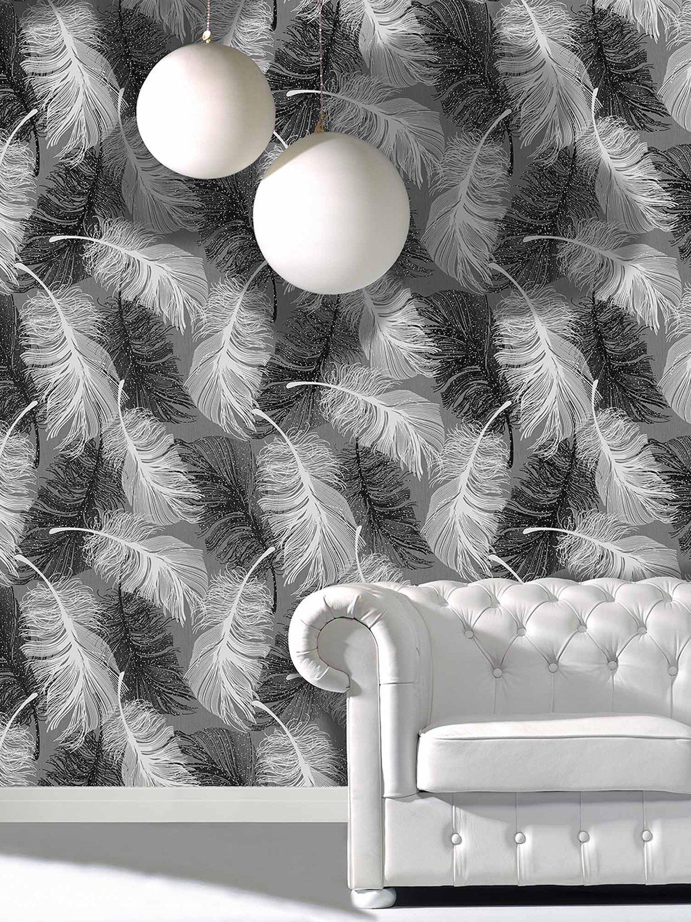 Product photograph of Fine D Cor Feather Monochrome Feature Wall Glitter Wallpaper from very.co.uk